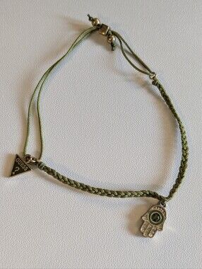 Guess Braided Bracelet Evil Eye Hamsa Hand And Guess Triangle Charms Green Gold